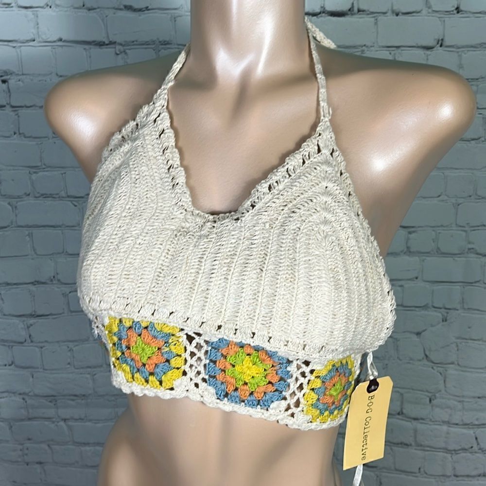 BOG Collective Crocheted Granny Square Lined Halter & Swim Top NWT Large